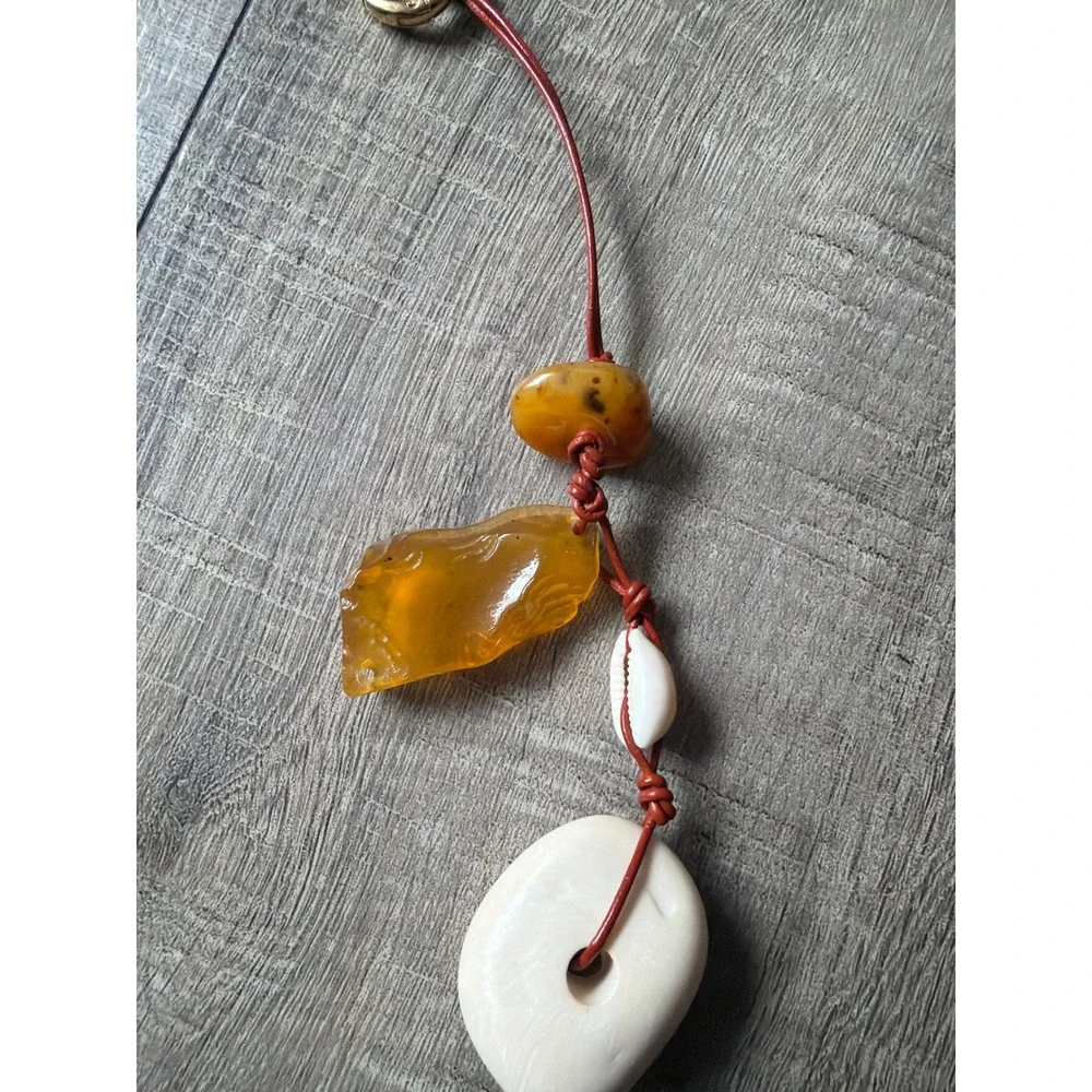 Ulla Johnson Bag Charm Leather Amber Shell Stone Keychain Terracotta Gold Tone